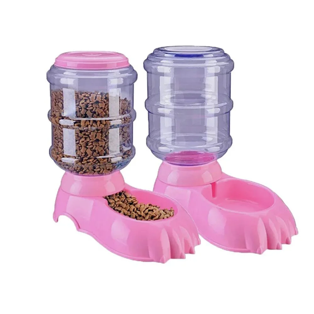 Pink Claws 2-Pack Food & Water Dispenser Station Cat Dog Pet Auto Dry Food Stand